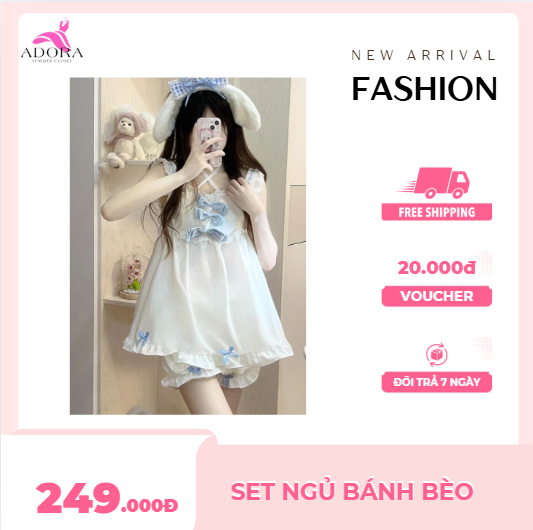 Set Đồ Ngủ Babydoll Trắng Nơ Xanh Pastel Dễ Thương